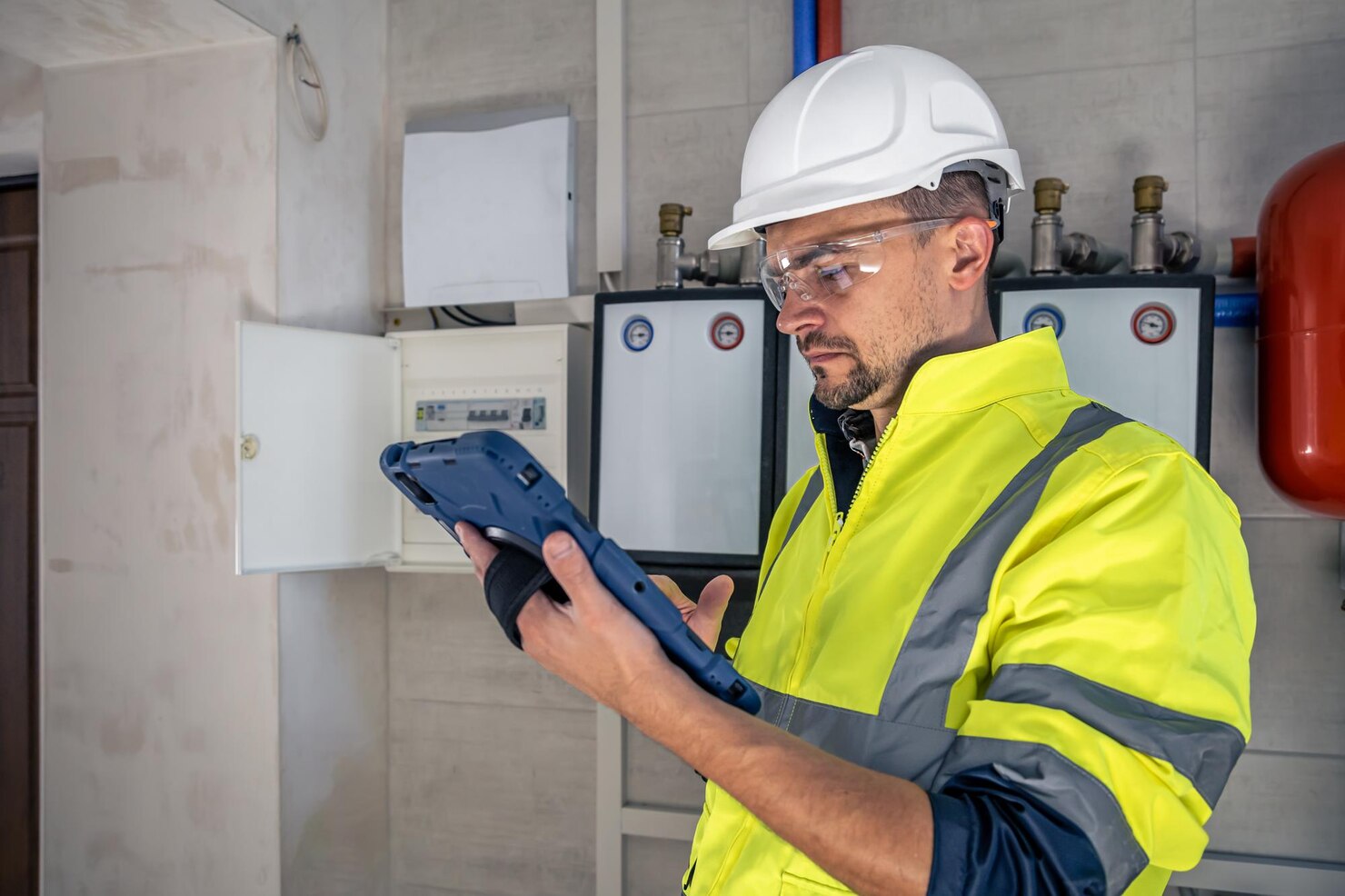 tecnico electrico que parece concentrado mientras trabaja cuadro distribucion fusibles 169016 23720